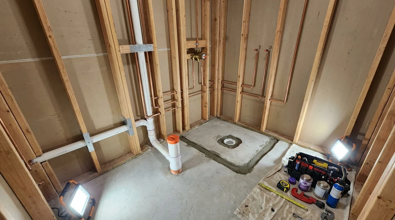 Bathroom rough-in plumbing during remodel by Johns Plumbing LLC in Shenandoah