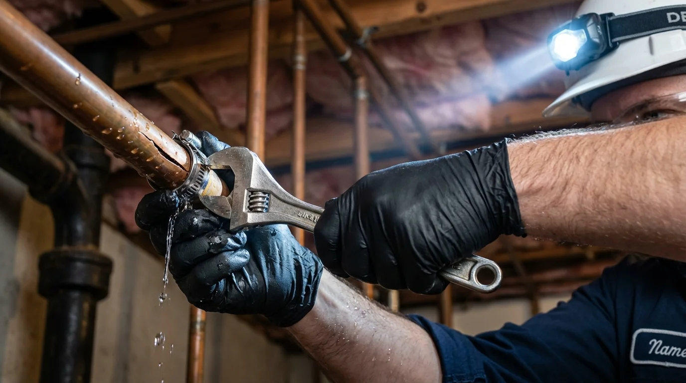 Emergency pipe clamp repair being performed by a Johns Plumbing LLC plumber in Shenandoah