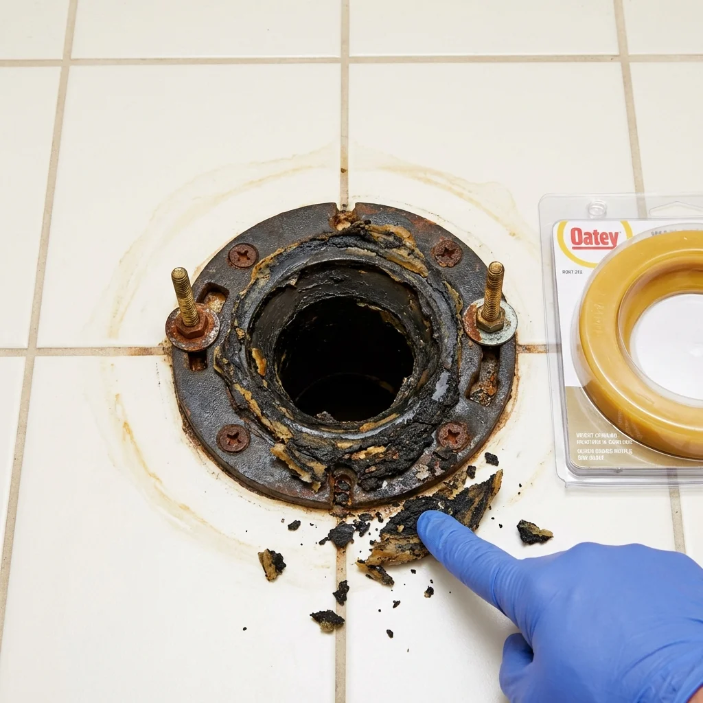 Failed wax ring showing water seepage at the base of a toilet in a Shenandoah, IA home