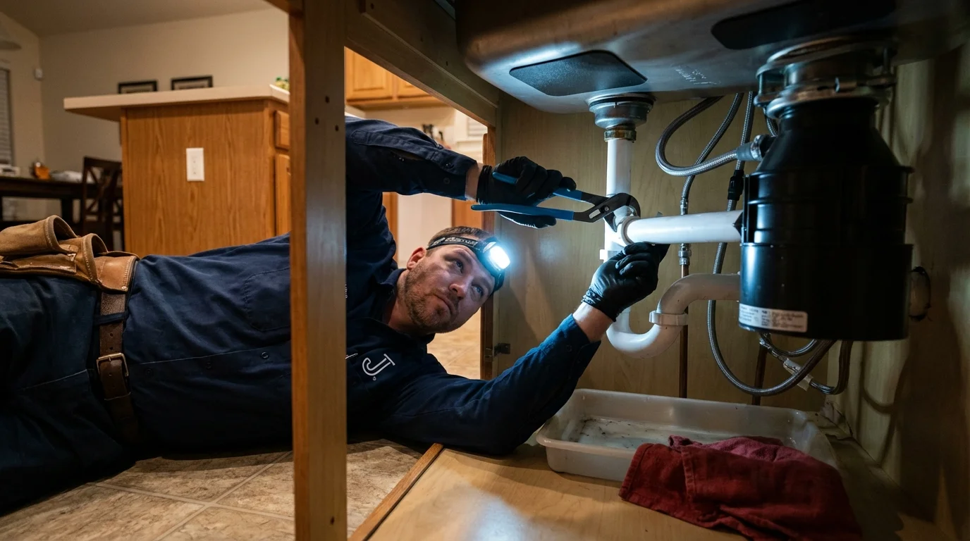 P-trap and supply line connections under a kitchen sink showing a common leak point in Shenandoah, IA